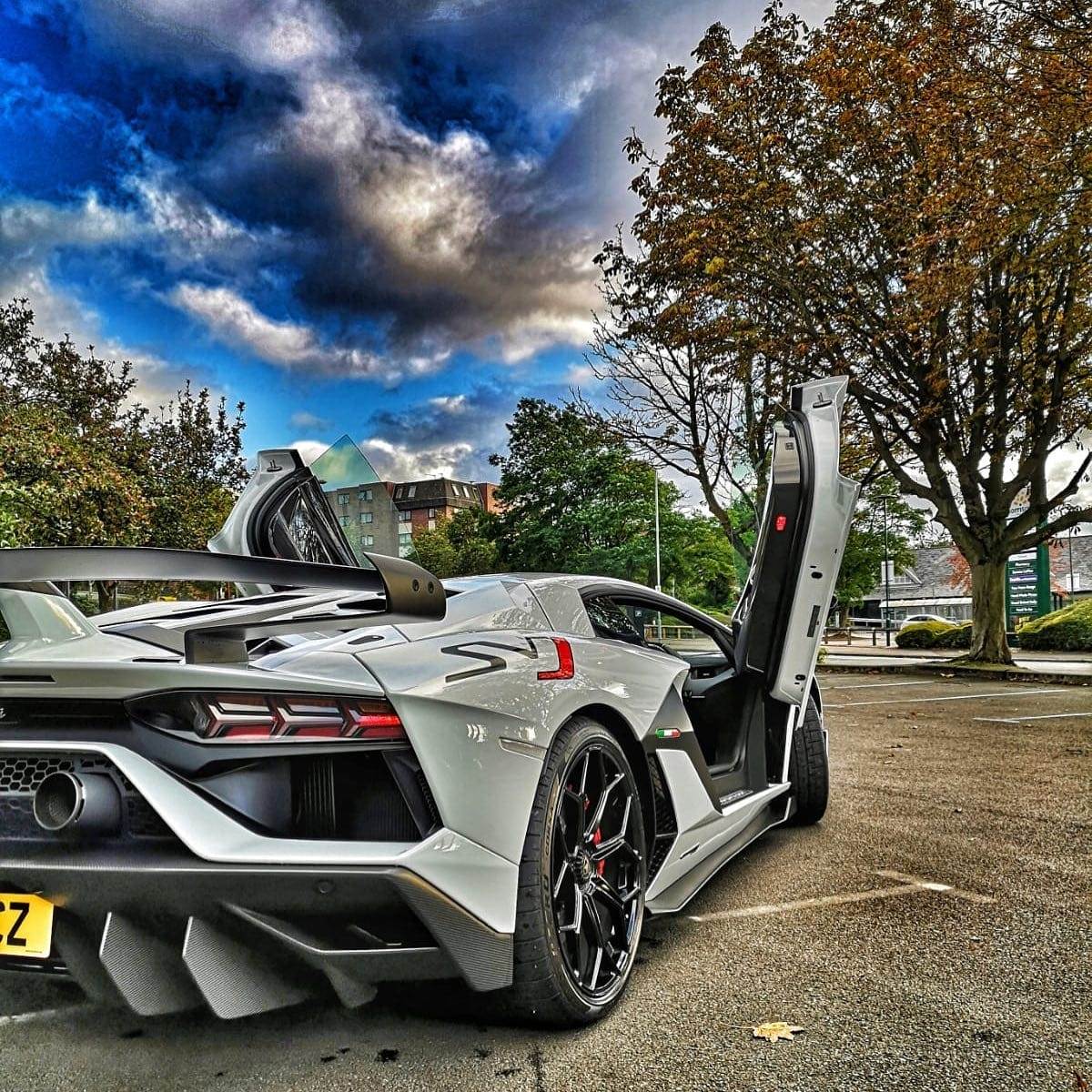 A silver sports car with gull-wing doors open is parked in a lot with trees and buildings in the background under a cloudy sky, waiting to be hired for an exhilarating drive.