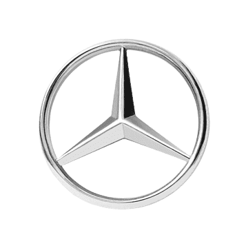 Silver Mercedes-Benz logo featuring a three-pointed star inside a circle, available for hire on a transparent background.