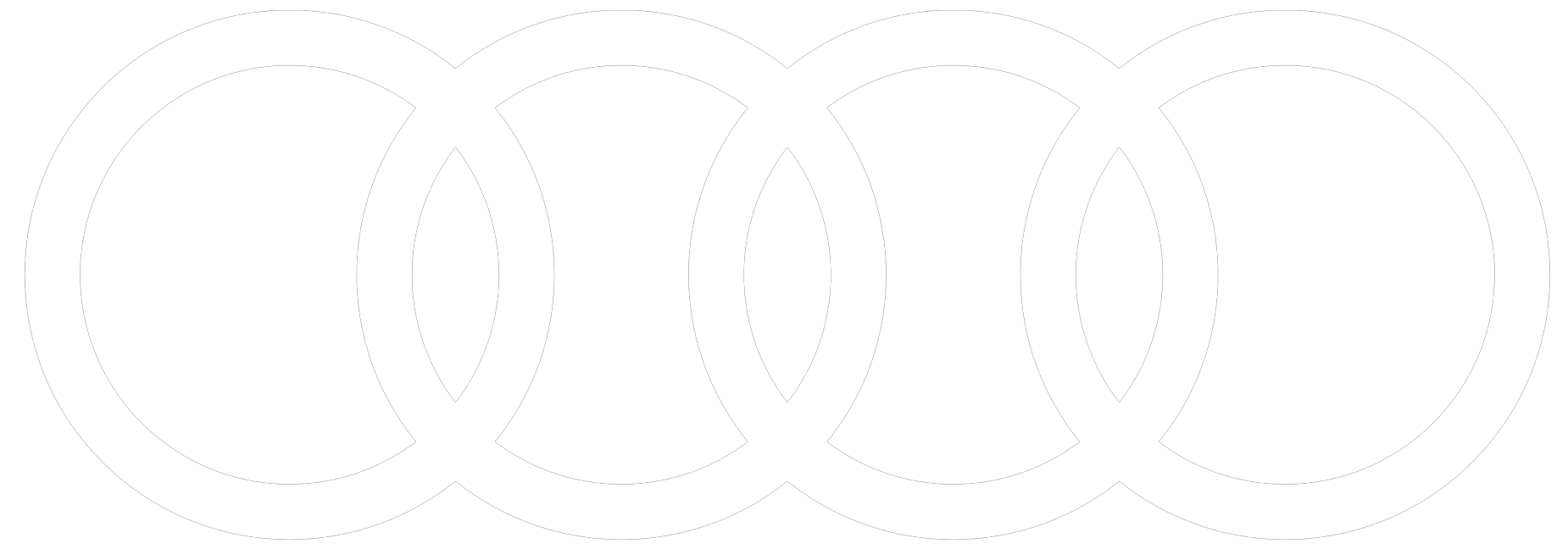 A white logo with four interlocking rings arranged horizontally on a transparent background, evoking a sense of unity and precision that makes it perfect for hire.