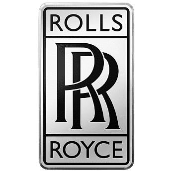 Rectangular logo with bold black text "ROLLS ROYCE" on top and bottom, featuring a large overlapping "RR" in the center. Perfect for hire services, ensuring a prestigious brand image.