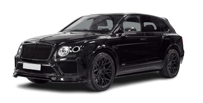 A black luxury SUV with dark-tinted windows and sleek black alloy wheels, available for hire. Photographed from a front-side angle against a transparent background.