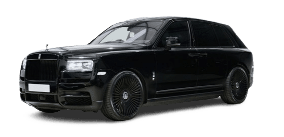 A black luxury SUV with tinted windows, black wheels, and a sleek design is displayed against a white background, ready for hire.