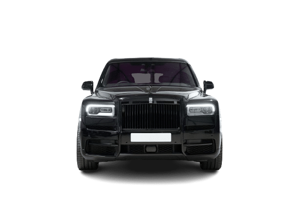 Front view of a black luxury car with distinctive grille and headlights on a white background, ready for hire.