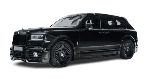 A sleek black luxury SUV with tinted windows and large black wheels, viewed from a front-side angle, available for hire.
