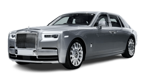 A silver luxury sedan with a sleek design and a prominent front grille, available for hire. The background is transparent.