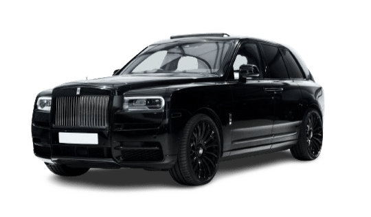 A black luxury SUV with tinted windows, chrome detailing, and black alloy wheels available for hire on a white background.