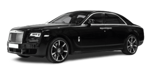 A black luxury sedan with tinted windows and chrome accents, available for hire under studio lighting.