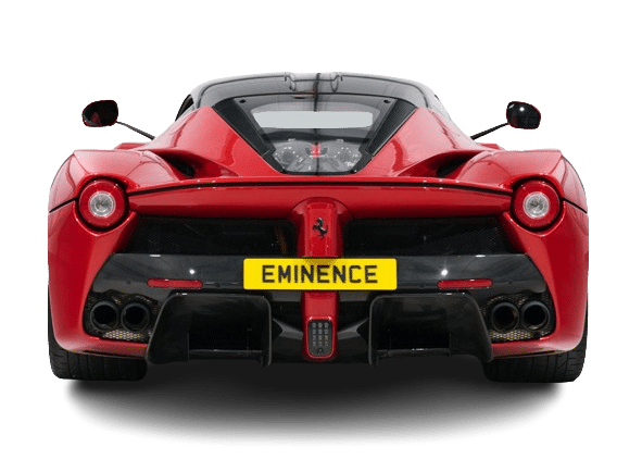 Rear view of a red sports car with a sleek design, displaying a license plate that reads "EMINENCE." The car, available for hire, has quad exhaust tips and prominent taillights.