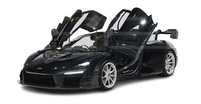 A black sports car with its doors open upward, available for hire, showcasing sleek aerodynamic design and shiny alloy wheels.