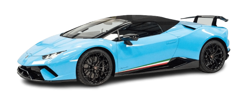 A blue luxury sports car with a convertible top and black accents, available for hire, displayed against a white background. The car features a distinct rear spoiler and black alloy wheels.