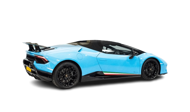 A blue sports car with a black roof and rear spoiler, available for hire, shown from a rear-side angle on a white background.