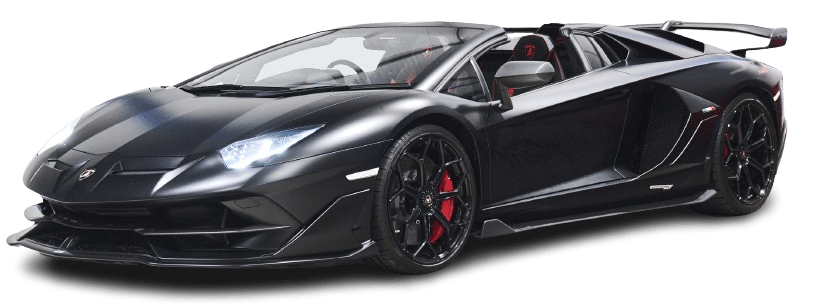 A sleek black convertible sports car with scissor doors, aggressive styling, and red brake calipers, viewed from the front-left angle just begging to be hired for a thrilling drive.