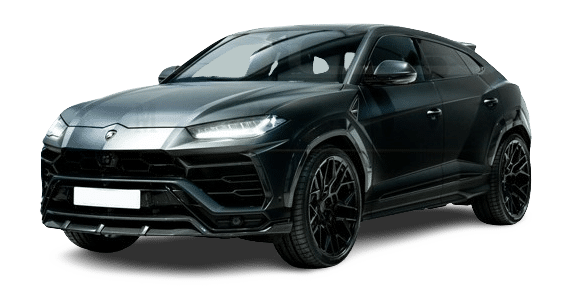 A black luxury SUV with a sleek design and tinted windows, shown from a three-quarter front angle on a white background, available for hire.
