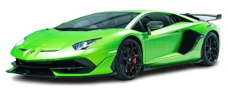 A bright green sports car with a sleek design and sharp angles, featuring black alloy wheels and a rear spoiler, is now available for hire.