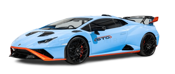 A blue and orange sports car with black wheels, featuring aerodynamic design elements and a rear spoiler, photographed against a white background, is available for hire.