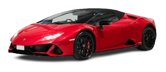 A red convertible sports car with a black roof, angular design, and sleek black wheels shown facing left is available for hire.