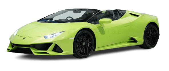 A green Lamborghini Huracán EVO Spyder convertible with black wheels, available for hire, viewed from the front right angle.