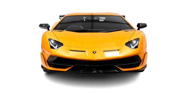 Front view of an orange sports car with sleek design and angular headlights, available for hire, isolated on a white background.