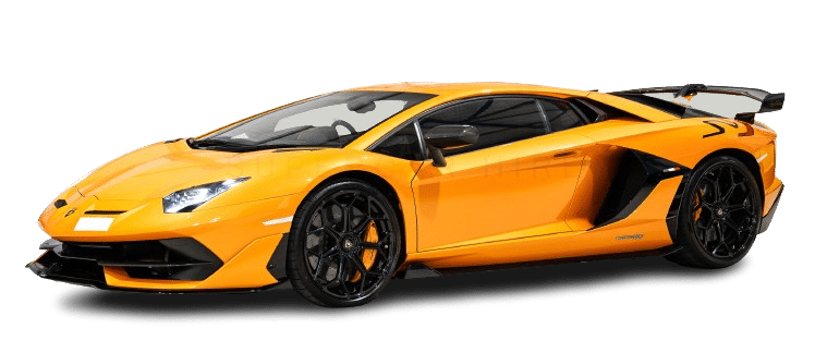 A bright orange sports car with black accents and a rear spoiler is shown against a white background. The car features a sleek, aerodynamic design, available for hire.