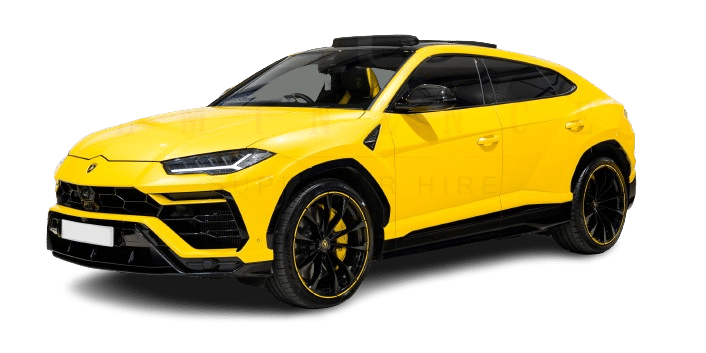 A yellow luxury SUV with black wheels and tinted windows, available for hire, photographed from a front-side angle.