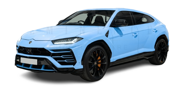 A light blue Lamborghini Urus SUV with black accents and orange brake calipers, viewed from a front angle, is available for hire.