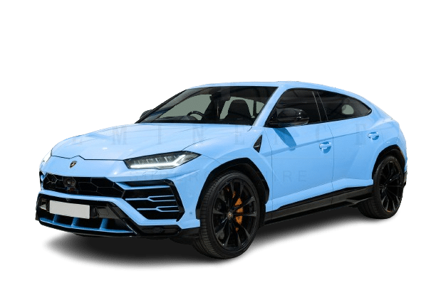 Light blue luxury SUV with black accents, sleek design, and tinted windows viewed from a front three-quarters angle—ready to hire for your next adventure.