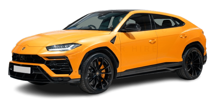 A bright orange SUV with black accents and a sleek design, perfect for hire. The vehicle is shown in a three-quarter front view.