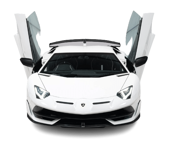 A white sports car with scissor doors open, viewed from the front, ready for hire.
