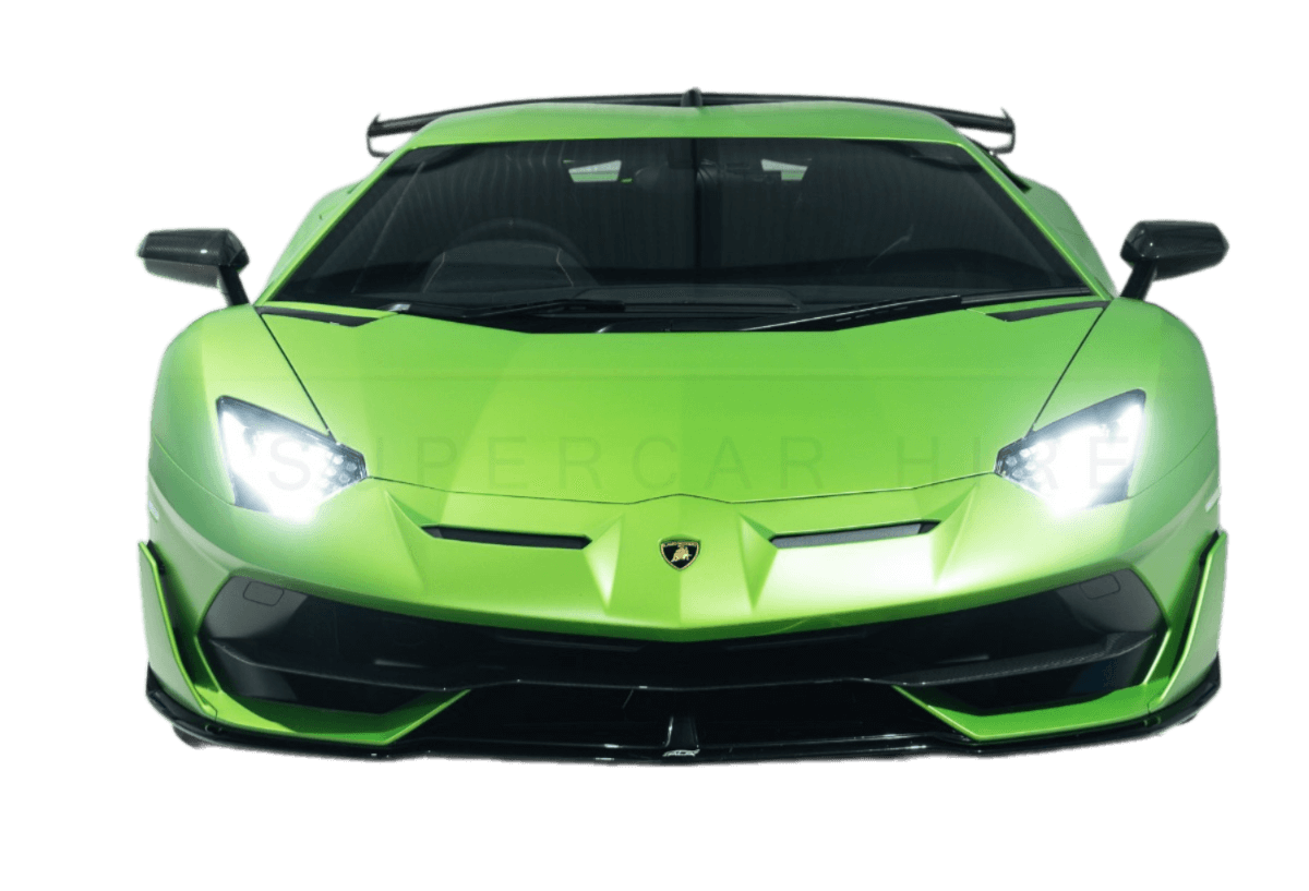 Front view of a bright green Lamborghini sports car with sleek design and black interior, available for hire.