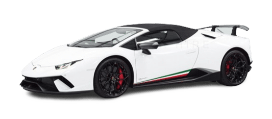 White convertible sports car with black and red accents, black rims, and a rear spoiler available for hire.