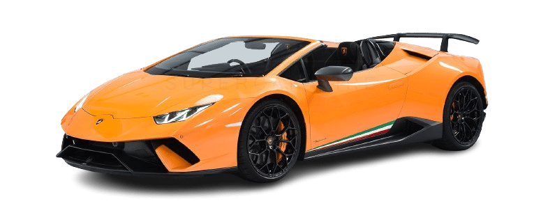 A bright orange convertible sports car with black and white accents, featuring a sleek design, low profile, and aerodynamic body is available for hire.