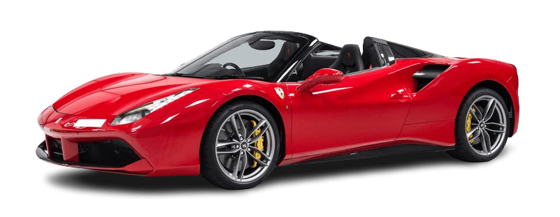 A red convertible sports car with black interior and silver alloy wheels, available for hire, displayed against a white background.