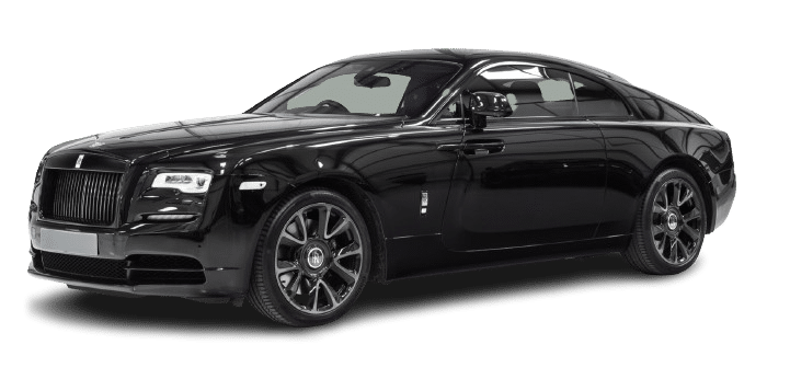 A sleek black luxury coupe car is displayed with its doors closed, showcasing its shiny exterior and modern design, ready for hire.