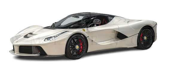A sleek, white sports car with black rims and red brake calipers, viewed from a front-side angle, ready to hire for your next adventure.