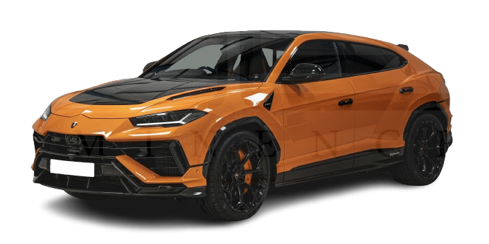 A bright orange sports SUV with black accents, featuring a sleek, angular design and large black wheels. Perfect for hire, it boasts a white front license plate that adds to its striking appearance.