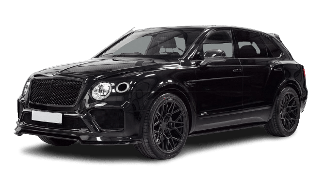 A black luxury SUV for hire is shown, featuring tinted windows, large alloy wheels, and a sleek design. The vehicle is parked on a plain white background.