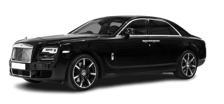 A black luxury sedan car with sleek design, chrome accents, and alloy wheels available for hire against a white background.