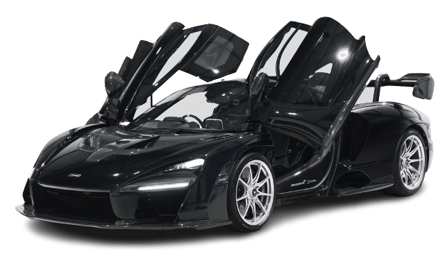 Black sports car with butterfly doors open, revealing its sleek interior. The car is angled slightly to the right, highlighting its aerodynamic design and silver rims. Perfect for hire, this vehicle promises an unforgettable driving experience.