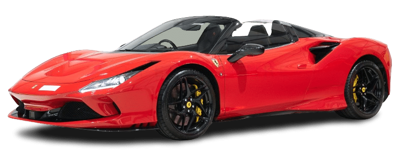 A red sports car with a low-profile design, black wheels, and yellow brake calipers. The car has a sleek, aerodynamic body and no visible roof available for hire.