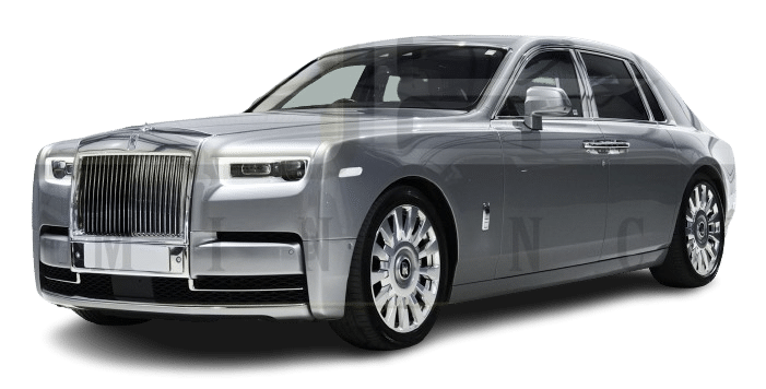 A luxury silver sedan with a prominent chrome grille and distinctive design, available for hire, viewed from the front passenger side.