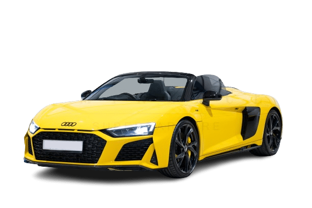 A yellow convertible sports car with black accents and an Audi logo on the front grille is available for hire. The car gleams against a white background, ready for an exciting drive.