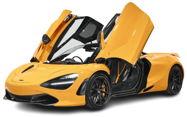 A bright yellow sports car with its butterfly doors open, showcasing its sleek and aerodynamic design, available for hire.