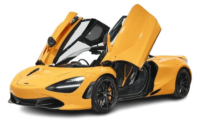 A yellow sports car with its butterfly doors open, featuring a sleek, aerodynamic design and black rims, available for hire.