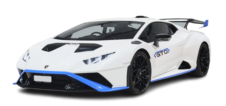 A white Lamborghini sports car with black and blue accents, featuring a sleek aerodynamic design and a visible rear spoiler, available for hire.