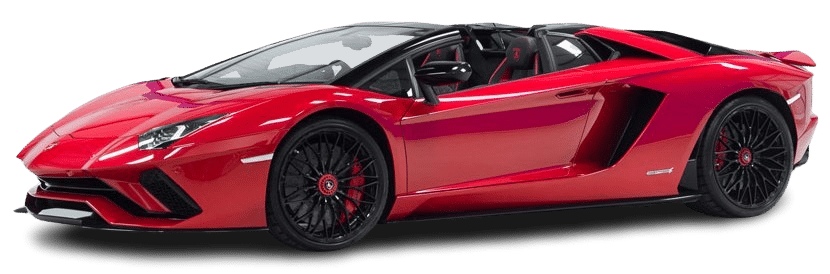 A red convertible sports car with black wheels, a black roof, and available for hire.