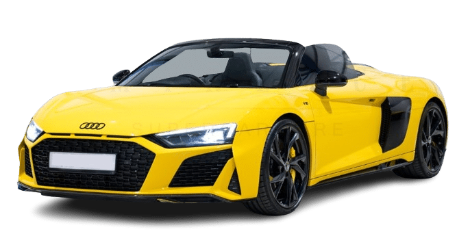 A yellow Audi convertible sports car with a black roof, front view, available for hire, isolated on a white background.