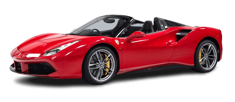 A red convertible sports car with sleek design, black interior, and yellow brake calipers, viewed from the side, available for hire.