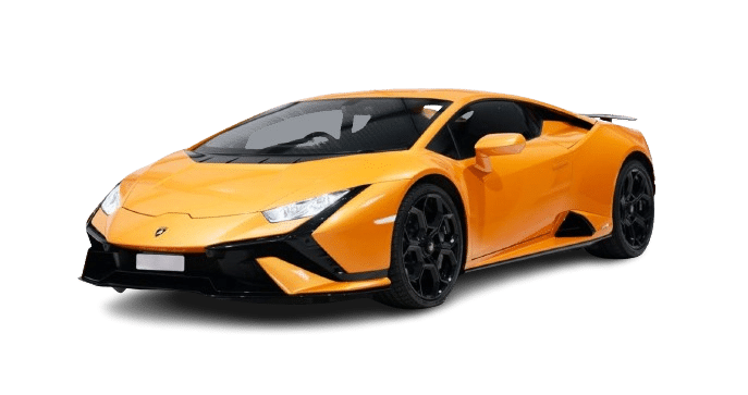 A yellow Lamborghini sports car with a sleek design, black wheels, and aerodynamic features, available for hire, displayed on a white background.