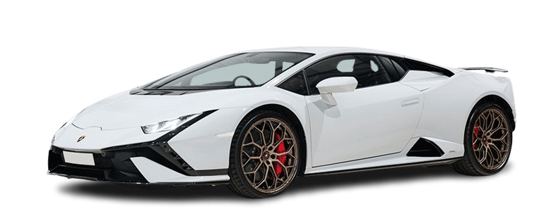 A white sports car with a sleek design and red brake calipers, shown from a three-quarter front view, is available for hire.
