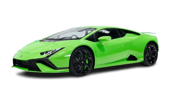 A bright green sports car with a sleek, aerodynamic design and black wheels is available for hire, viewed from an angled front perspective on a white background.